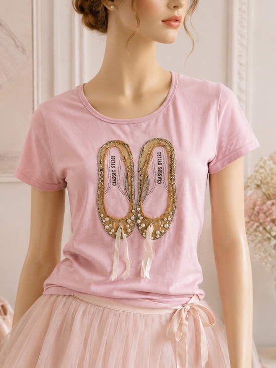 Tops - Balletcore- Pink Ballet Graphic Tee with Beaded Slippers